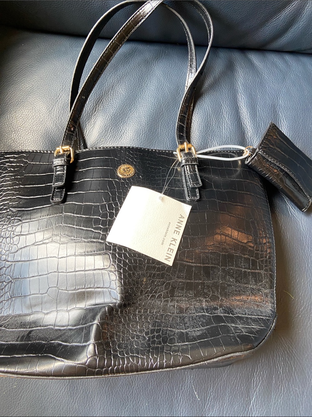 Anne Klein Black Croc Tote with Gold Accents - Picture 3 of 6